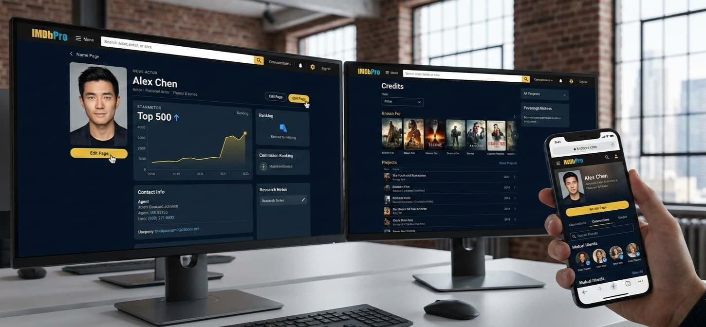 A picture showing a concept of the new IMDbpro layout on various screens, both desktop and mobile.