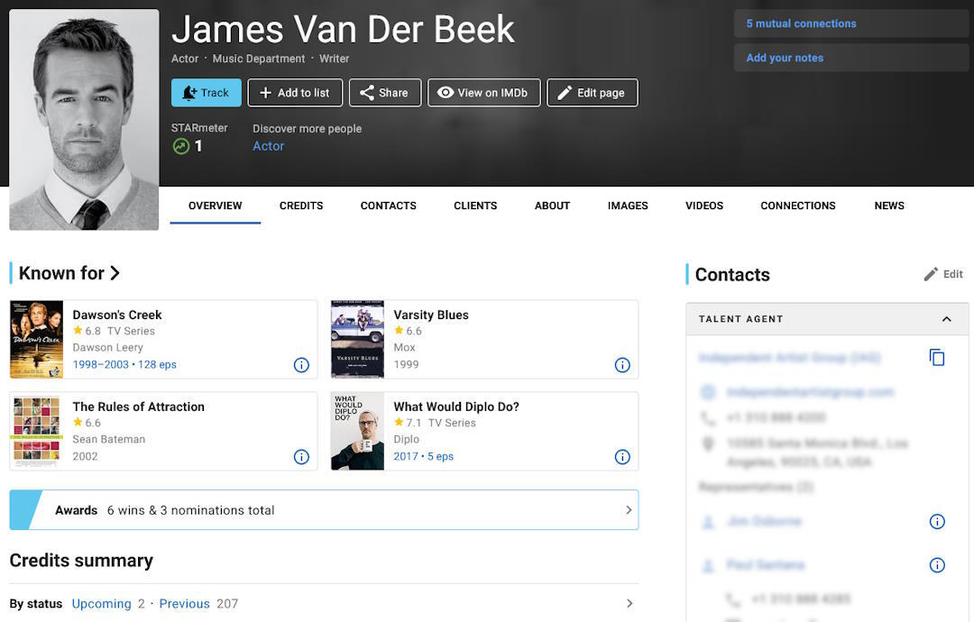 Updated IMDbPro name page layout after 2025 redesign